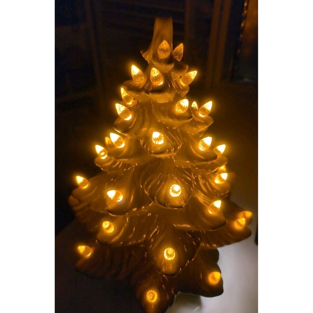 13" Vintage Ceramic Lighted Christmas Tree Lusterware White W/Gold  Bulbs - Picture 16 of 16